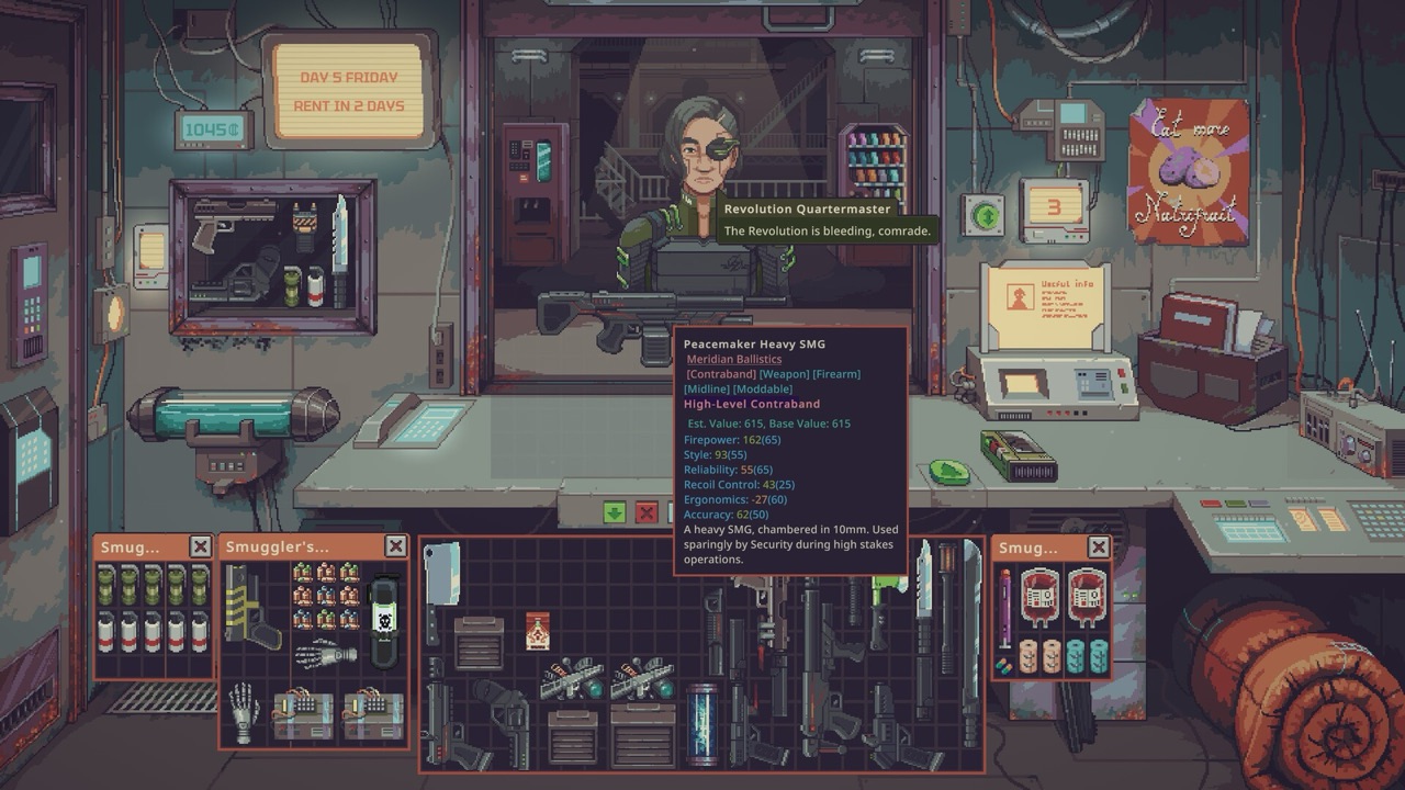 Probably Stolen Gunsmith shop with weapons displayed across the counter and inventory